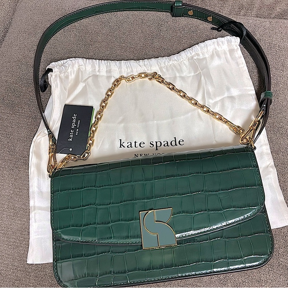 Kate Spade Dark Green Croc-Embossed Crossbody Bag